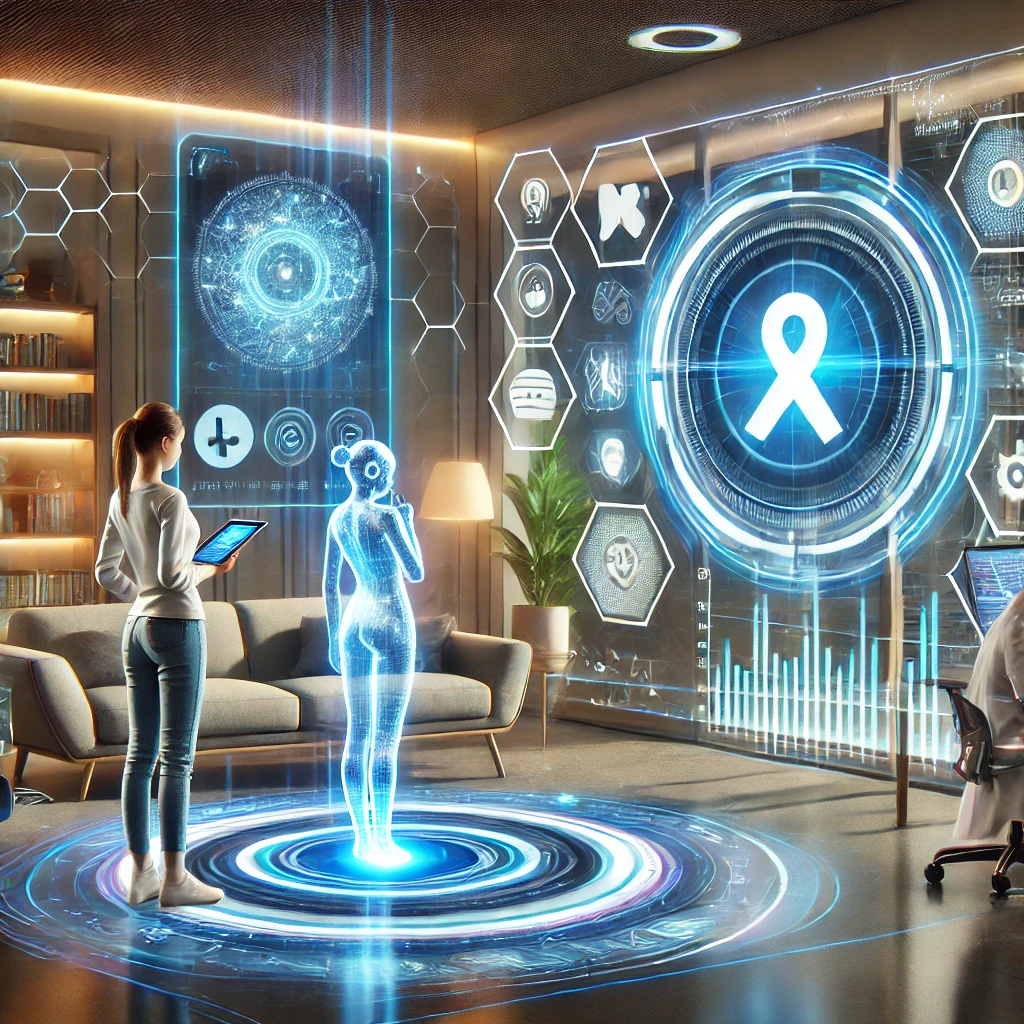 DALL·E-2024-12-15-11.41.06-A-futuristic-scene-showing-the-integration-of-Artificial-Intelligence-in-everyday-life.-On-the-left-a-person-is-speaking-to-a-virtual-assistant-repre Inteligência Artificial: Como Ela Está Transformando Nosso Dia a Dia e Revolucionando a Medicina