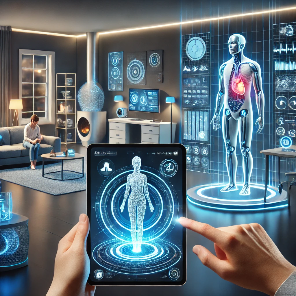 DALL·E-2024-12-15-11.41.59-A-futuristic-depiction-of-Artificial-Intelligence-integrated-into-daily-life-and-healthcare.-On-one-side-a-smart-home-with-a-holographic-assistant-he Inteligência Artificial: Como Ela Está Transformando Nosso Dia a Dia e Revolucionando a Medicina