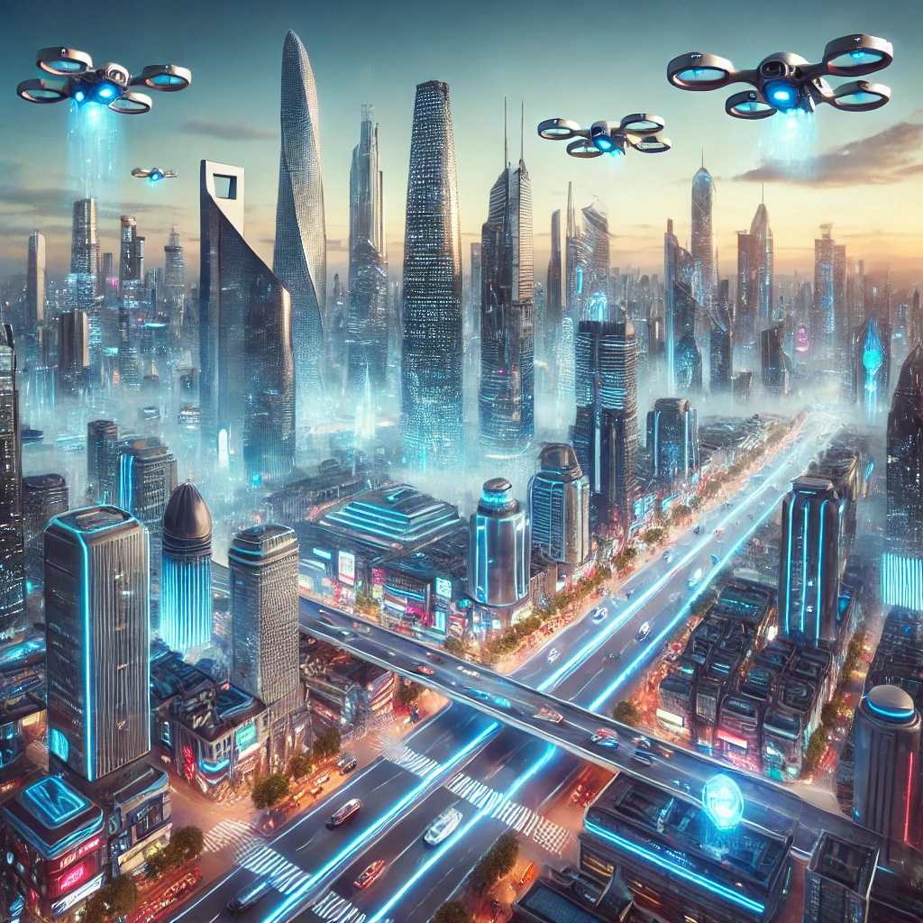 DALL·E-2025-01-08-14.38.28-A-futuristic-city-with-towering-skyscrapers-advanced-transportation-systems-such-as-flying-cars-and-drones-glowing-neon-lights-and-a-bustling-atmos Humanidade 2.0 A Extinção Programada – Reflexões Sobre o Futuro da Inteligência Artificial