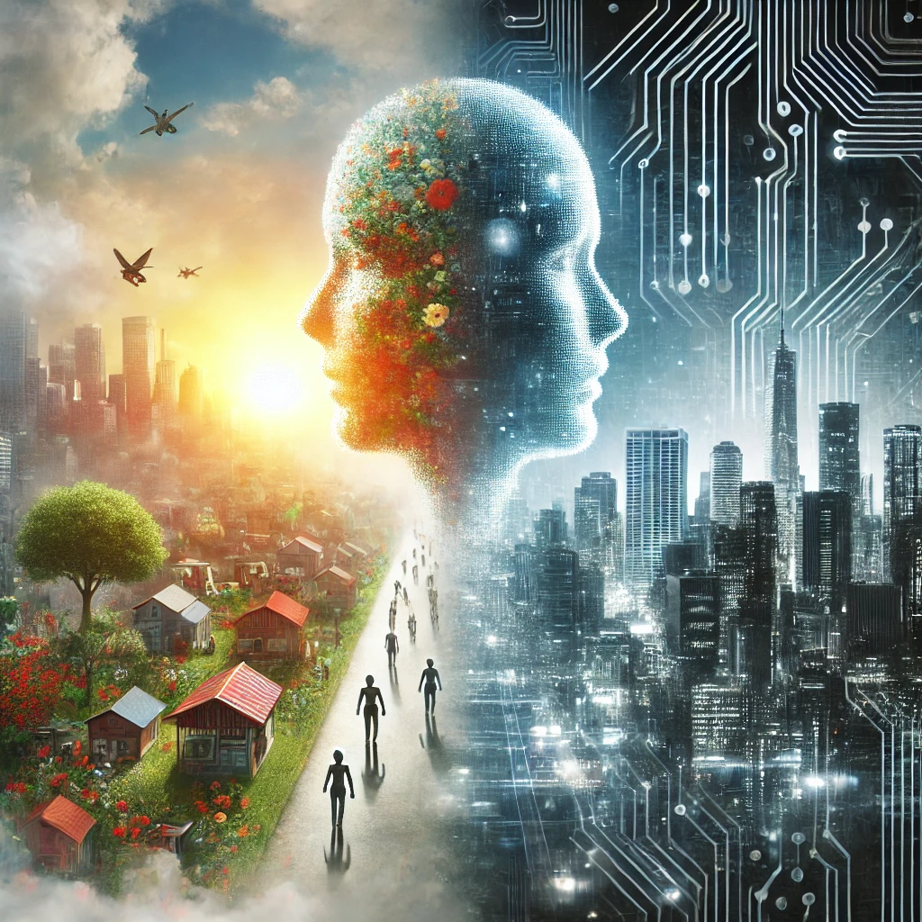 DALL·E-2025-01-08-15.05.58-A-reflective-image-showing-the-balance-between-human-nature-and-artificial-intelligence-with-half-of-the-image-depicting-a-city-thriving-with-human-e A Utopia das Máquinas e o Crepúsculo Humano: Quando a Tecnologia Supera a Humanidade