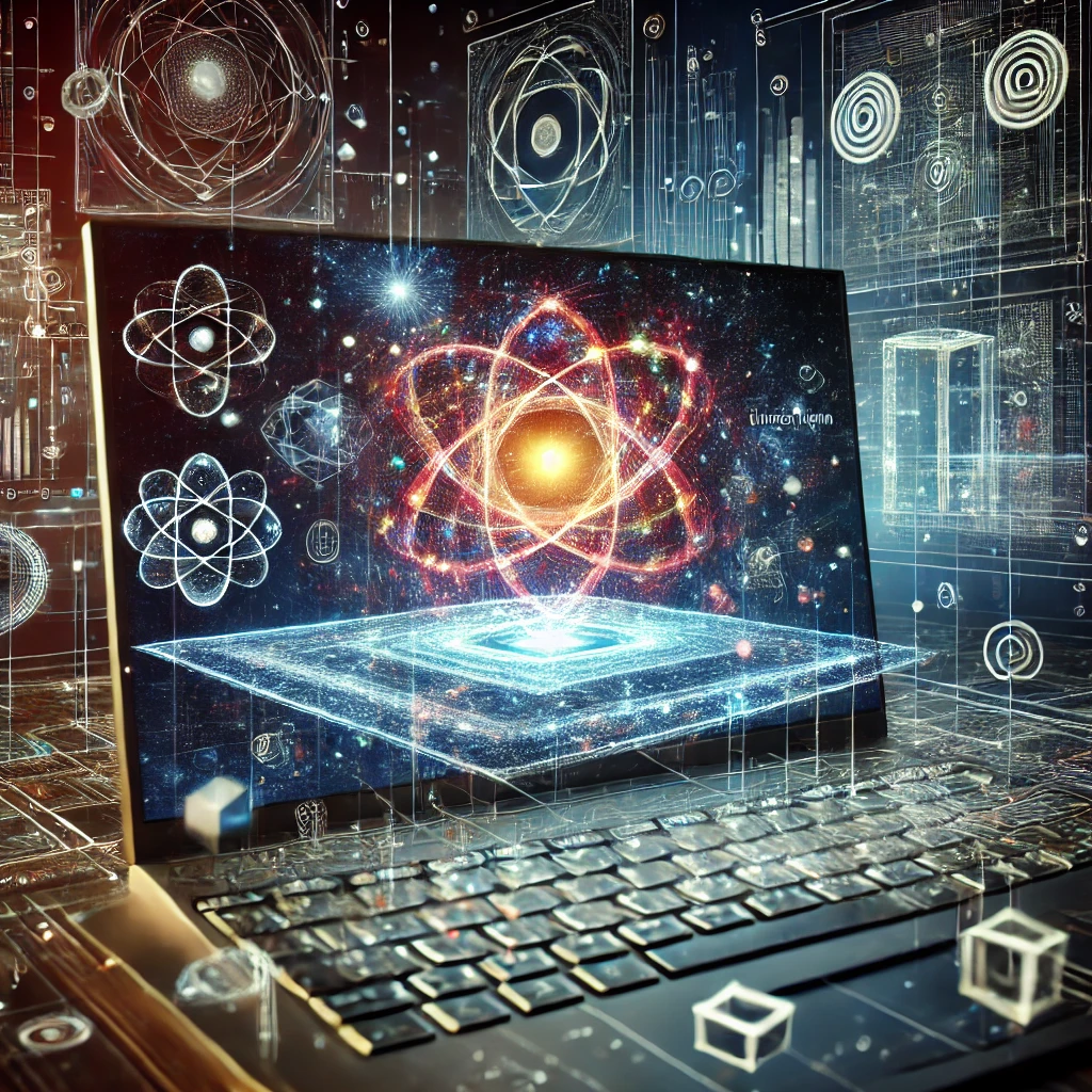 DALL·E-2025-01-09-00.31.10-A-futuristic-computer-with-quantum-technology-displaying-complex-patterns-and-symbols-that-represent-the-concept-of-universes-parallel.-The-scene-sho Google Apresenta o Willow O Computador Quântico que Explora Universos Paralelos.
