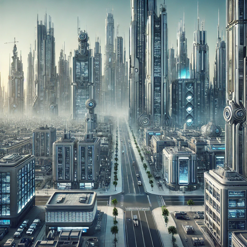 DALL·E-2025-01-09-20.51.10-A-futuristic-cityscape-where-machines-are-in-control-with-towering-buildings-made-of-metal-and-glass-automated-systems-working-in-perfect-harmony.-T A Utopia das Máquinas e o Crepúsculo Humano: Quando a Tecnologia Supera a Humanidade