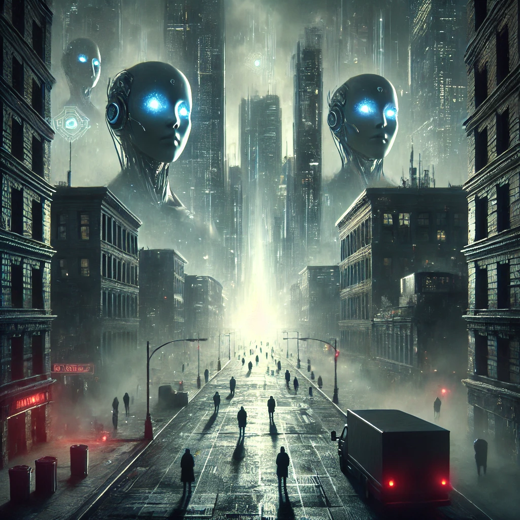 DALL·E-2025-01-10-21.05.12-A-futuristic-apocalyptic-cityscape-with-artificial-intelligence-taking-over.-The-city-should-be-dark-and-dystopian-with-towering-AI-machines-controll O Comodismo Humano na Era da Inteligência Artificial