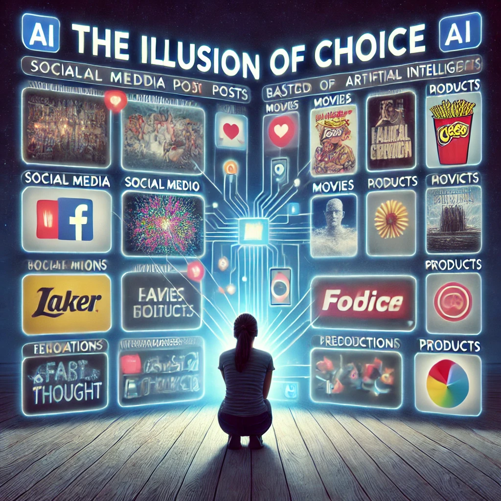 DALL·E-2025-01-10-21.09.09-An-image-illustrating-the-illusion-of-choice-created-by-artificial-intelligence.-The-scene-should-show-a-person-looking-at-a-screen-with-personalized- O Comodismo Humano na Era da Inteligência Artificial