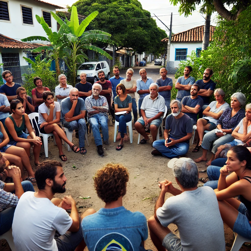 DALL·E-2025-01-10-21.43.39-A-group-of-community-members-gathered-in-a-neighborhood-meeting-in-Belem-Brazil-discussing-ways-to-improve-local-safety.-The-scene-should-show-a-div Casal Executado a Tiros No Meio Da Rua No Bairro Do Guamá