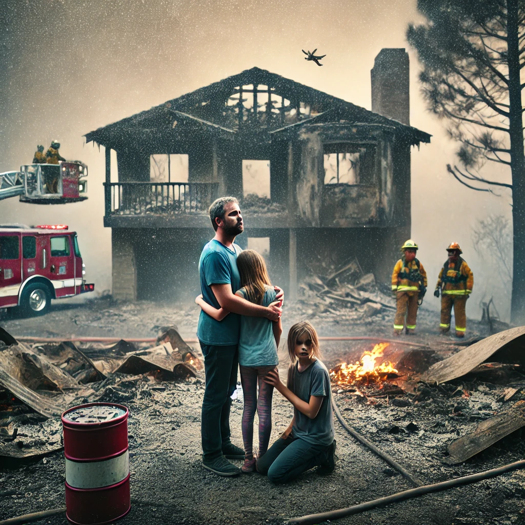 DALL·E-2025-01-14-02.27.25-A-heart-wrenching-scene-of-a-family-standing-outside-their-destroyed-home-after-a-wildfire-in-Los-Angeles-with-ash-falling-from-the-sky-and-firefight Número de mortos aumenta em desastre de incêndio florestal em Los Angeles