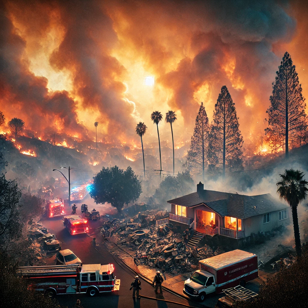DALL·E-2025-01-14-02.27.27-A-powerful-image-showing-the-devastating-aftermath-of-a-wildfire-in-Los-Angeles-with-burning-trees-and-homes-in-the-background-smoke-billowing-into- Número de mortos aumenta em desastre de incêndio florestal em Los Angeles